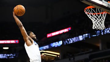 MINNEAPOLIS, MN - FEBRUARY 12: Malik Beasley #5 of the Minnesota Timberwolves dunks the ball. (Photo by David Berding/Getty Images)