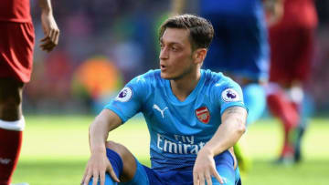 LIVERPOOL, ENGLAND - AUGUST 27: Mesut Ozil of Arsenal reacts during the Premier League match between Liverpool and Arsenal at Anfield on August 27, 2017 in Liverpool, England. (Photo by Michael Regan/Getty Images)
