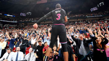MIAMI, FL - FEBRUARY 27: Dwyane Wade #3 of the Miami Heat reacts after hitting the game winning 3 point basket against the Golden State Warriors on February 27, 2019 at American Airlines Arena in Miami, Florida. NOTE TO USER: User expressly acknowledges and agrees that, by downloading and or using this Photograph, user is consenting to the terms and conditions of the Getty Images License Agreement. Mandatory Copyright Notice: Copyright 2019 NBAE (Photo by Jesse D. Garrabrant/NBAE via Getty Images)