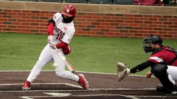 Bryce Madron hits in the sixth inning to bring in a tying run as the University of Oklahoma Sooners (OU) baseball team plays Rider at L. Dale Mitchell Park on Feb. 24, 2023 in Norman, Okla. [Steve Sisney/For The Oklahoman]oubase -- print1