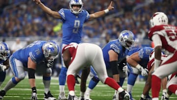 DETROIT, MI - SEPTEMBER 10: Matthew Stafford #9 of the Detroit Lions calls a play in the first half in the against the Arizona Cardinals at Ford Field on September 10, 2017 in Detroit, Michigan. (Photo by Gregory Shamus/Getty Images)