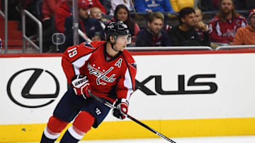 Oct 22, 2016; Washington, DC, USA; Washington Capitals center Nicklas Backstrom (19) handles the puck against New York Rangers during the third period at Verizon Center. The New York Rangers won 4-2. Mandatory Credit: Brad Mills-USA TODAY Sports