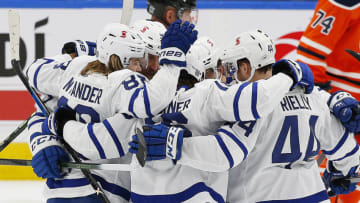 William Nylander, Mitch Marner, Morgan Rielly, Toronto Maple Leafs (Credit: Perry Nelson-USA TODAY Sports)