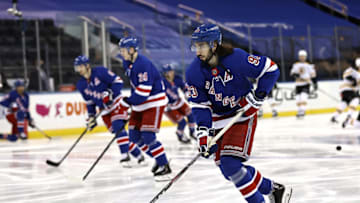 NEW YORK, NEW YORK - FEBRUARY 12: Mika Zibanejad #93 of the New York Rangers warms up before the game against the Boston Bruins at Madison Square Garden on February 12, 2021 in New York City. Due to COVID-19 restrictions games are played without fans in attendance. (Photo by Elsa/Getty Images)