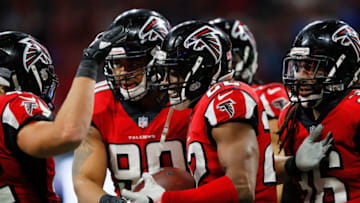 ATLANTA, GA - DECEMBER 31: Keanu Neal #22 of the Atlanta Falcons celebrates an interception during the second half against the Carolina Panthers at Mercedes-Benz Stadium on December 31, 2017 in Atlanta, Georgia. (Photo by Kevin C. Cox/Getty Images)