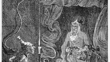 Scene from A Christmas Carol by Charles Dickens, 1843. Jacob Marley's ghost, rattling chains and padlocks, appears to the miser Scrooge. (Photo by Ann Ronan Pictures/Print Collector/Getty Images)