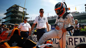 INDIANAPOLIS, IN - MAY 26: Fernando Alonso of Spain, driver of the #29 Chandon Honda prepares to drive during Carb day for the 101st Indianapolis 500 at Indianapolis Motorspeedway on May 26, 2017 in Indianapolis, Indiana. (Photo by Chris Graythen/Getty Images)