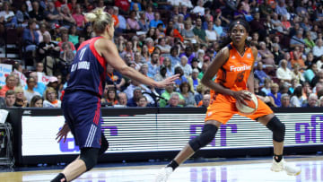 UNCASVILLE, CT - JULY 08: Connecticut Sun forward Jonquel Jones (35) defended by Washington Mystics guard Elena Delle Donne (11) steps back to shoot during the first half of an WNBA game between Washington Mystics and Connecticut Sun on July 8, 2017, at Mohegan Sun Arena in Uncasville, CT. Connecticut defeated Washington 96-92. (Photo by M. Anthony Nesmith/Icon Sportswire via Getty Images)