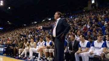 Jan 16, 2016; Lawrence, KS, USA; Kansas Jayhawks head coach Bill Self calls a play against the TCU Horned Frogs in the second half at Allen Fieldhouse. Kansas won the game 70-63. Mandatory Credit: John Rieger-USA TODAY Sports