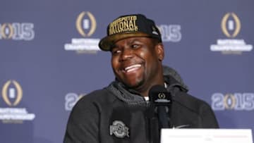Jan 13, 2015; Arlington, TX, USA; Ohio State Buckeyes quarterback Cardale Jones smiles during a press conference at Renaissance Dallas Hotel. Mandatory Credit: Matthew Emmons-USA TODAY Sports
