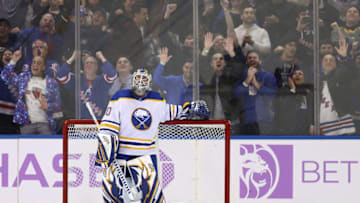 NEW YORK, NEW YORK - NOVEMBER 21: Aaron Dell #80 of the Buffalo Sabres reacts after giving up the game winning goal in the final seconds of the game against the New York Rangers at Madison Square Garden on November 21, 2021 in New York City. The New York Rangers defeated the Buffalo Sabres 5-4. (Photo by Elsa/Getty Images)