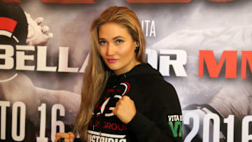 TORINO, ITALY - 2016/01/15: The young Russian Thai boxing star Anastasia Yankova. Oktagon Kickboxing President Carlo Di Blasi was joined in Turin this afternoon by several of the word-class fighters slated to take part at Pala Alpitour in Turin, Italy, on April 16, in the highly anticipated event including A. Sakara and B. Rogers. (Photo by Massimiliano Ferraro/Pacific Press/LightRocket via Getty Images)