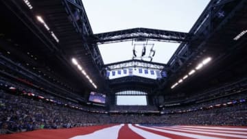 Aug 22, 2015; Indianapolis, IN, USA; A general view of the American flag is unfurled during the playing of the National Anthem prior to the game between the Indianapolis Colts and the Chicago Bears at Lucas Oil Stadium. Mandatory Credit: Brian Spurlock-USA TODAY Sports