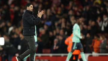 LONDON, ENGLAND - MARCH 13: Mikel Arteta the head coach / manager of Arsenal applauds the fans at full time during the Premier League match between Arsenal and Leicester City at Emirates Stadium on March 12, 2022 in London, United Kingdom. (Photo by Matthew Ashton - AMA/Getty Images)