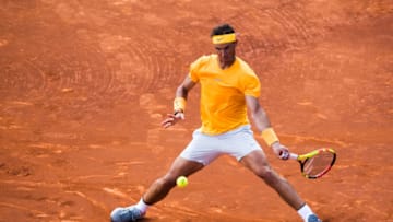 BARCELONA, SPAIN - APRIL 28: Rafael Nadal of Spain plays a forehand against David Goffin of Belgium in their semi-final match during day six of the Barcelona Open Banc Sabadell on April 28, 2018 in Barcelona, Spain. (Photo by Alex Caparros/Getty Images)