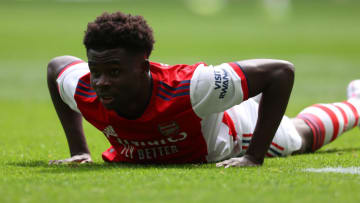 LONDON, ENGLAND - AUGUST 08: Bukayo Saka of Arsenal during the Pre-season friendly between Tottenham Hotspur and Arsenal at Tottenham Hotspur Stadium on August 08, 2021 in London, England. (Photo by Catherine Ivill/Getty Images)