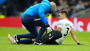 LONDON, ENGLAND - DECEMBER 05: Sergio Reguilon of Tottenham Hotspur gets attention for an injury and has to go off during the Premier League match between Tottenham Hotspur and Norwich City at Tottenham Hotspur Stadium on December 5, 2021 in London, England. (Photo by Craig Mercer/MB Media/Getty Images)