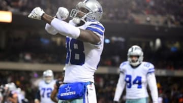 Dec 9, 2013; Chicago, IL, USA; Dallas Cowboys wide receiver Dez Bryant (88) celebrate after catching a pass for a touchdown during the first quarter against the Chicago Bears at Soldier Field. Mandatory Credit: Andrew Weber-USA TODAY Sports