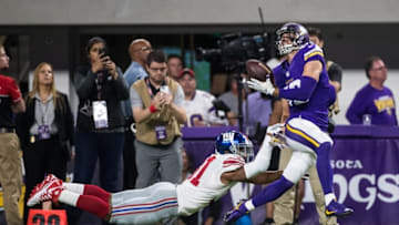 Oct 3, 2016; Minneapolis, MN, USA; New York Giants defensive back Trevin Wade (31) breaks up a pass intended for Minnesota Vikings wide receiver Adam Thielen (19) during the first quarter at U.S. Bank Stadium. Mandatory Credit: Brace Hemmelgarn-USA TODAY Sports