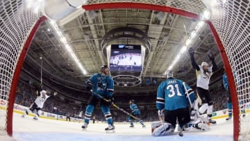 Jun 12, 2016; San Jose, CA, USA; The Pittsburgh Penguins celebrate a goal by defenseman Brian Dumoulin (not pictured) past San Jose Sharks goalie Martin Jones (31) in the first period in game six of the 2016 Stanley Cup Final at SAP Center at San Jose. Mandatory Credit: Bruce Bennett/Pool Photo via USA TODAY Sports