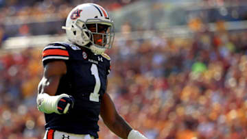 TAMPA, FLORIDA - JANUARY 01: Big Kat Bryant #1 of the Auburn Tigers reacts to a play during the 2020 Outback Bowl against the Minnesota Golden Gophers at Raymond James Stadium on January 01, 2020 in Tampa, Florida. (Photo by Mike Ehrmann/Getty Images)
