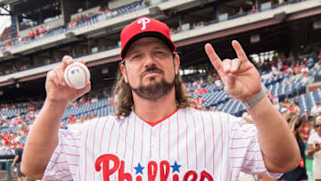 PHILADELPHIA, PA - JULY 23: WWE professional wrestler A.J. Styles throws out the first pitch at the Milwaukee Brewers Vs Philadelphia Phillies Game at Citizens Bank Park on July 23, 2017 in Philadelphia, Pennsylvania. (Photo by Gilbert Carrasquillo/Getty Images)