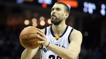 Dec 29, 2016; Memphis, TN, USA; Memphis Grizzlies center Marc Gasol (33) shoots a technical foul shot in the third quarter against the Oklahoma City Thunder at FedExForum. Memphis defeated Oklahoma City 114-80. Mandatory Credit: Nelson Chenault-USA TODAY Sports