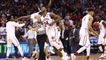 Mar 20, 2016; Oklahoma City, OK, USA; Oklahoma Sooners guard Buddy Hield (24) celebrates defeating the Virginia Commonwealth Rams 85-81 during the second round of the 2016 NCAA Tournament at Chesapeake Energy Arena. Mandatory Credit: Kevin Jairaj-USA TODAY Sports
