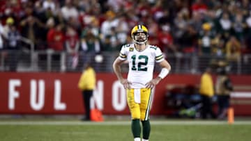SANTA CLARA, CALIFORNIA - NOVEMBER 24: Aaron Rodgers #12 of the Green Bay Packers reacts after he threw an incomplete pass against the San Francisco 49ers at Levi's Stadium on November 24, 2019 in Santa Clara, California. (Photo by Ezra Shaw/Getty Images)