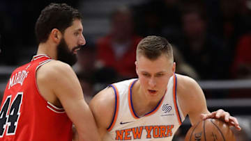CHICAGO, IL - DECEMBER 27: Kristaps Porzingis #6 of the New York Knicks moves against Nikola Mirotic #44 of the Chicago Bulls at the United Center on December 27, 2017 in Chicago, Illinois. The Bulls defeated the Knicks 92-87. (Photo by Jonathan Daniel/Getty Images)