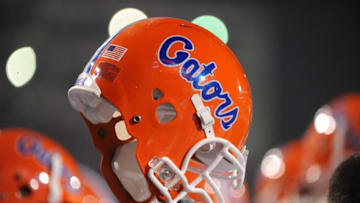 Oct 24, 2009; Starkville, MS, USA; A Florida Gators helmet is lifted in victory after a game against the Mississippi State Bulldogs at Davis Wade Stadium. The Gators beat the Bulldogs 29-19. Mandatory Credit: Don McPeak-USA TODAY Sports