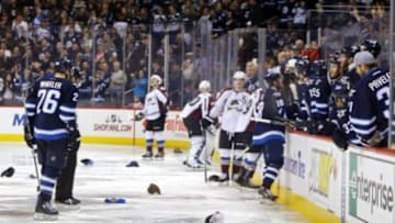 Dec 5, 2014; Winnipeg, Manitoba, CAN; Winnipeg Jets fans celebrate the third goal of the game from forward Bryan Little (18) during the third period against Colorado Avalanche at MTS Centre. Winnipeg wins 6-2. Mandatory Credit: Bruce Fedyck-USA TODAY Sports