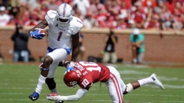 Sep 19, 2015; Norman, OK, USA; Tulsa Golden Hurricane wide receiver Keyarris Garrett (1) is pursued by Oklahoma Sooners safety Steven Parker (10) during the second quarter at Gaylord Family - Oklahoma Memorial Stadium. Mandatory Credit: Mark D. Smith-USA TODAY Sports