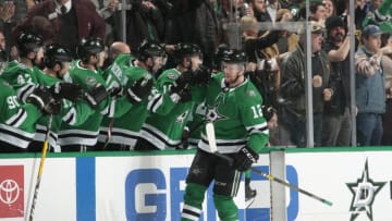 DALLAS, TX - JANUARY 19: Radek Faksa #12 of the Dallas Stars celebrates a goal against the Winnipeg Jets at the American Airlines Center on January 19, 2019 in Dallas, Texas. (Photo by Glenn James/NHLI via Getty Images)