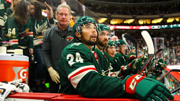 ST. PAUL, MN - OCTOBER 06: Minnesota Wild defenseman Matt Dumba (24) looks on during the regular season game between the Vegas Golden Knights and the Minnesota Wild on October 6, 2018 at Xcel Energy Center in St. Paul, Minnesota. The Golden Knights defeated the Wild 2-1 in the shootout. (Photo by David Berding/Icon Sportswire via Getty Images)