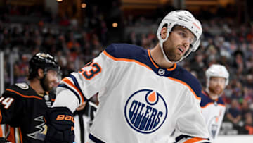 ANAHEIM, CALIFORNIA - FEBRUARY 25: Riley Sheahan #23 reacts after a whistle during a 4-3 Anaheim Ducks overtime win at Honda Center on February 25, 2020 in Anaheim, California. (Photo by Harry How/Getty Images)