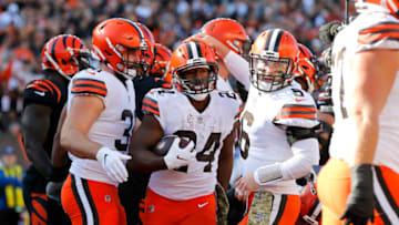 Nov 7, 2021; Cincinnati, Ohio, USA; Cleveland Browns running back Nick Chubb (24) celebrates his touchdown with quarterback Baker Mayfield (6) and fullback Andy Janovich (31) during the second quarter against the Cincinnati Bengals at Paul Brown Stadium. Mandatory Credit: Joseph Maiorana-USA TODAY Sports