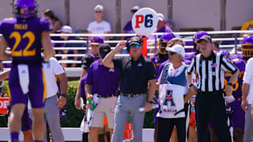 Sep 11, 2021; Greenville, North Carolina, USA; East Carolina Pirates head coach Mike Houston looks on against the South Carolina Gamecocks at Dowdy-Ficklen Stadium. Mandatory Credit: James Guillory-USA TODAY Sports