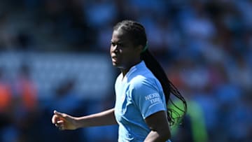 MANCHESTER, ENGLAND - MAY 27: Khadija Shaw of Manchester City during the FA Women's Super League match between Manchester City and Everton FC at The Academy Stadium on May 27, 2023 in Manchester, England. (Photo by Gareth Copley/Getty Images)