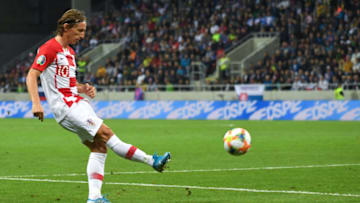 Croatia's midfielder Luka Modric plays the ball during the UEFA Euro 2020 qualification football match between Slovakia and Croatia in Trnava, Slovakia on September 6, 2019. (Photo by JOE KLAMAR / AFP) (Photo credit should read JOE KLAMAR/AFP/Getty Images)