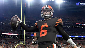 CLEVELAND, OH - SEPTEMBER 20: Baker Mayfield #6 of the Cleveland Browns celebrates after making a catch on a two-point conversion attempt during the third quarter against the New York Jets at FirstEnergy Stadium on September 20, 2018 in Cleveland, Ohio. (Photo by Jason Miller/Getty Images)