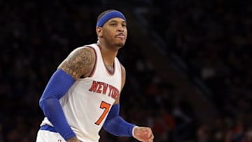 Mar 5, 2016; New York, NY, USA; New York Knicks forward Carmelo Anthony (7) reacts against the Detroit Pistons during the second half at Madison Square Garden. The Knicks defeated the Pistons 102-89. Mandatory Credit: Adam Hunger-USA TODAY Sports