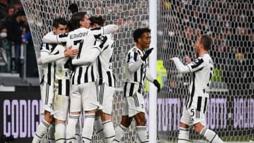 Juventus' players celebrate their team's first goal during the Italian Serie A football match between Juventus and Spezia at the Juventus stadium in Turin, on March 6, 2022. (Photo by MIGUEL MEDINA / AFP) (Photo by MIGUEL MEDINA/AFP via Getty Images)