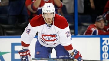 Oct 13, 2014; Tampa, FL, USA; Montreal Canadiens defenseman Jarred Tinordi (24) works out prior to the game against the Tampa Bay Lightning at Amalie Arena. Mandatory Credit: Kim Klement-USA TODAY Sports