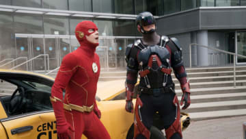 The Flash -- "Armageddon, Part 1"" -- Image Number: FLA801a_0269r.jpg -- Pictured (L-R): Grant Gustin as The Flash and Brandon Routh as Ray Palmer/Atom -- Photo: Katie Yu/The CW -- © 2021 The CW Network, LLC. All Rights Reserved