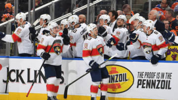EDMONTON, AB - OCTOBER 27: Evgenii Dadonov #63 and Noel Acciari #55 of the Florida Panthers celebrate after a goal during the game against the Edmonton Oilers on October 27, 2019, at Rogers Place in Edmonton, Alberta, Canada. (Photo by Andy Devlin/NHLI via Getty Images)