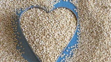 TORONTO, ONTARIO, CANADA - 2017/04/13: Healthy eating: white quinoa seeds.Quinoa is the common name for Chenopodium quinoa, a flowering plant in the amaranth family Amaranthaceae. It is a herbaceous annual plant grown as a grain crop primarily for its edible seeds The food is inside a heart shape. (Photo by Roberto Machado Noa/LightRocket via Getty Images)