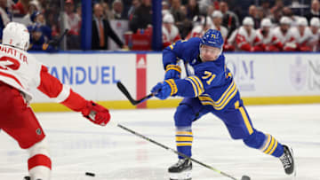 Oct 31, 2022; Buffalo, New York, USA; Buffalo Sabres left wing Victor Olofsson (71) takes a shot on goal during the second period against the Detroit Red Wings at KeyBank Center. Mandatory Credit: Timothy T. Ludwig-USA TODAY Sports