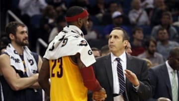 Dec 26, 2014; Orlando, FL, USA; Cleveland Cavaliers head coach David Blatt congratulates forward LeBron James (23) at the end of the game against the Orlando Magic at Amway Center. Cleveland Cavaliers defeated the Orlando Magic 98-89. Mandatory Credit: Kim Klement-USA TODAY Sports