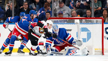 NEW YORK, NY - NOVEMBER 04: Alexandar Georgiev #40 of the New York Rangers makes a save against Tyler Ennis #63 of the Ottawa Senators at Madison Square Garden on November 4, 2019 in New York City. (Photo by Jared Silber/NHLI via Getty Images)